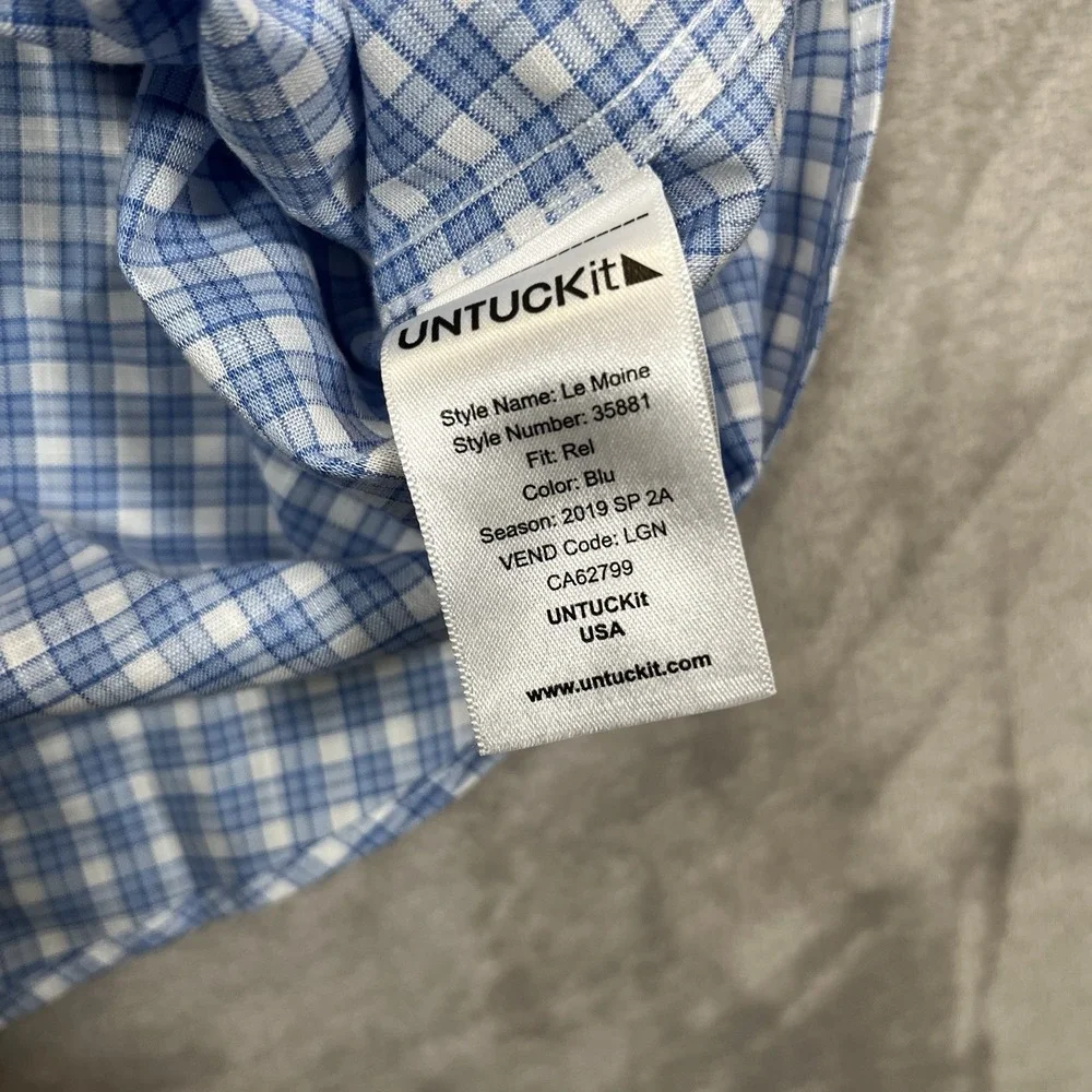 UNTUCKit Mens XL Blue White Plaid Wrinkle Free Short Sleeve Button Down Shirt